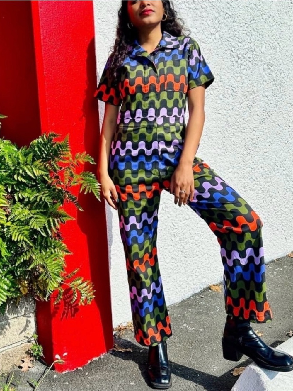 Nooworks Multicolor Wave-Print Wide Leg Jumpsuit coveralls X large NWOT